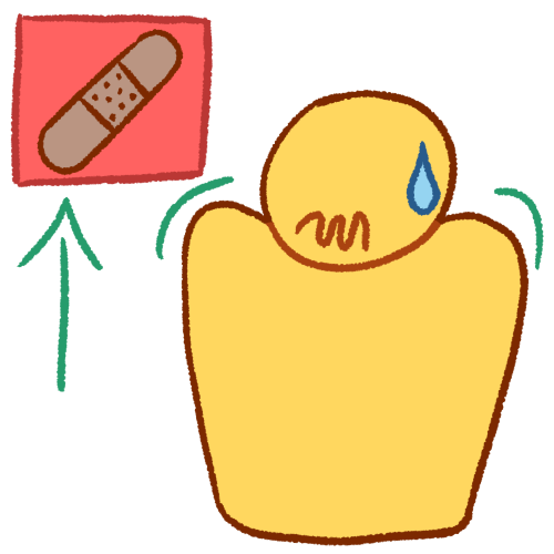  a drawing of a plain yellow person looking uncomfortable, with their shoulders raised, their mouth in a squiggly line, and a sweat droplet on their head. next to them is a pink square containing a bandaid with a green arrow pointing to it. 